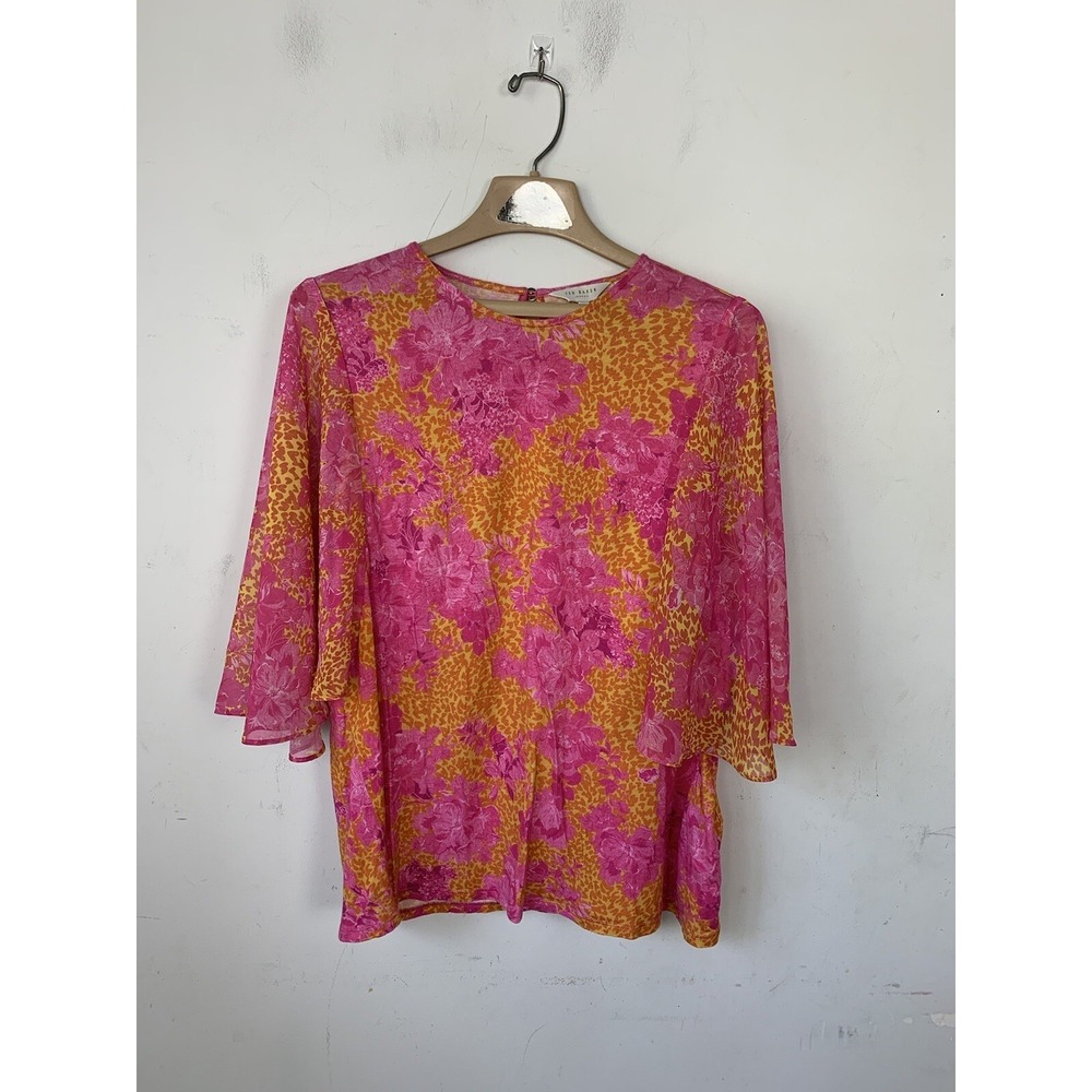 Ted Baker Womens Shirt 5 Sz 12 Pink Floral Tropical Resort Travel Old Money